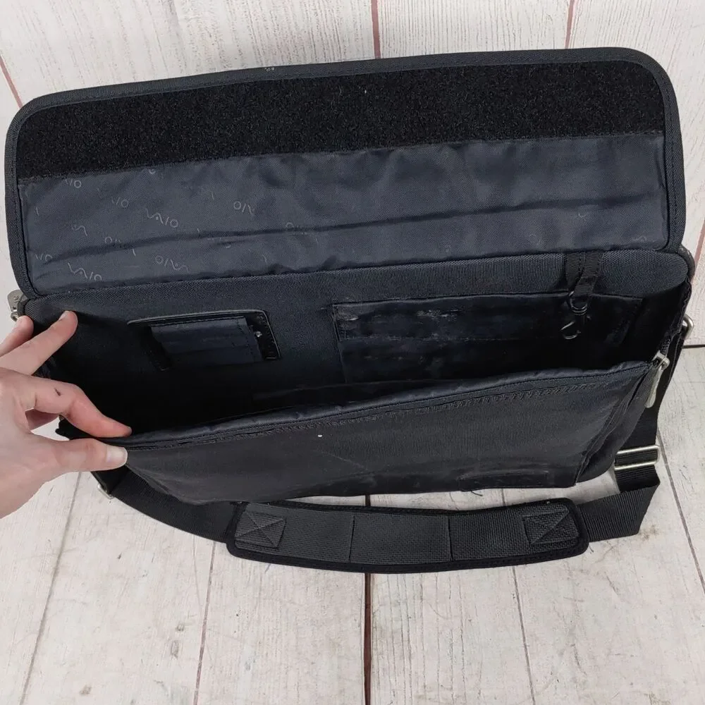 Vintage Sony VAIO Laptop Messenger Bag Briefcase Multi-Pocket Black Strap USED